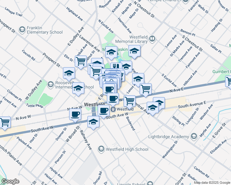 map of restaurants, bars, coffee shops, grocery stores, and more near 43 Elm Street in Westfield