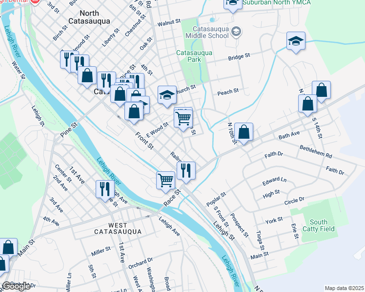 map of restaurants, bars, coffee shops, grocery stores, and more near 115 2nd Street in Catasauqua