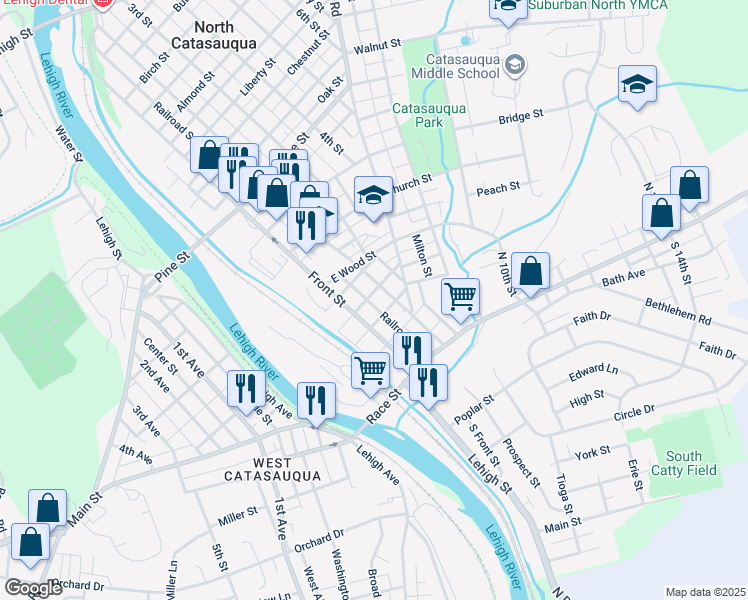 map of restaurants, bars, coffee shops, grocery stores, and more near 141 Railroad Street in Catasauqua