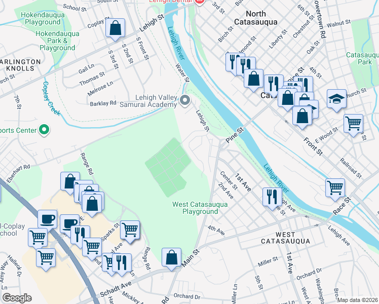 map of restaurants, bars, coffee shops, grocery stores, and more near 2246 Rising Hill Road in Lehigh County