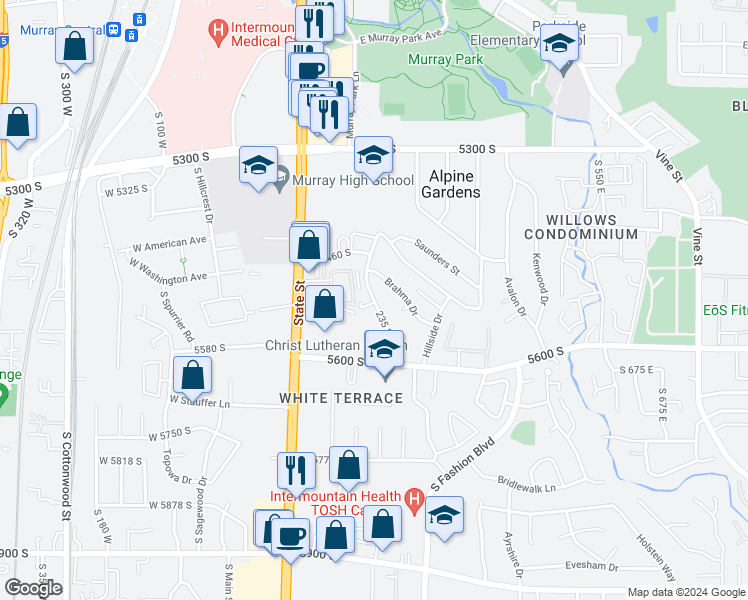 map of restaurants, bars, coffee shops, grocery stores, and more near 235 East in Murray