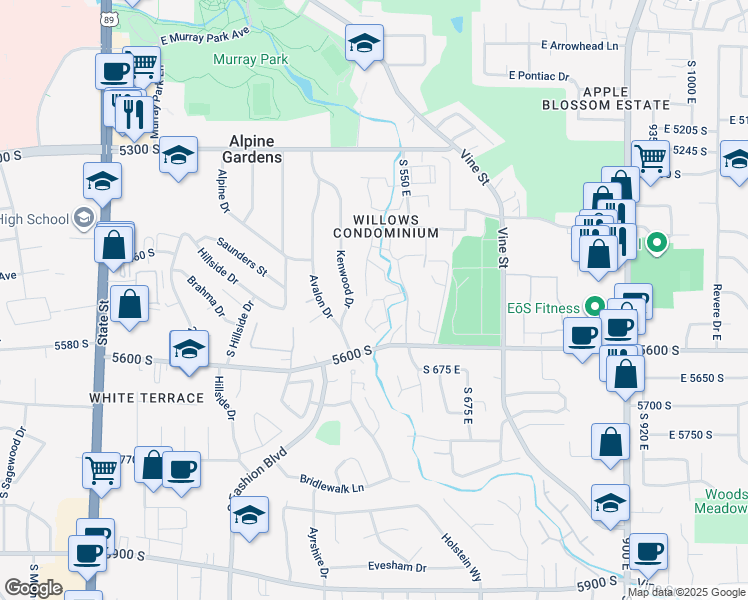 map of restaurants, bars, coffee shops, grocery stores, and more near 5555 South Willow Lane in Murray
