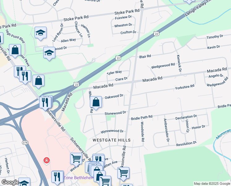 map of restaurants, bars, coffee shops, grocery stores, and more near 1295 Macada Road in Bethlehem