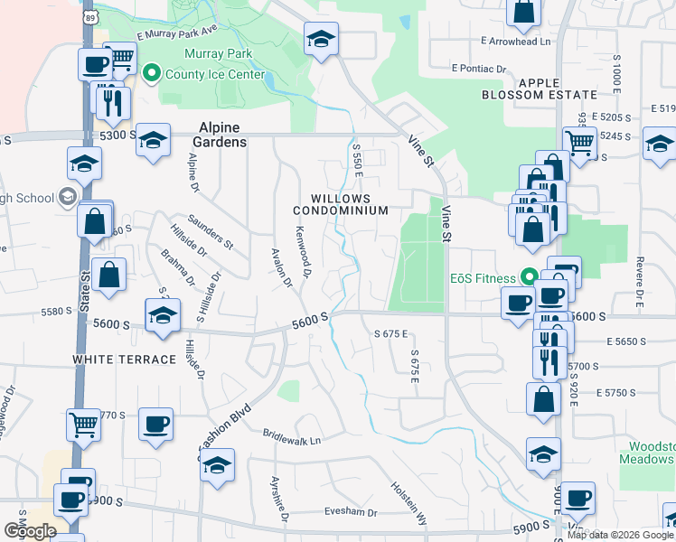map of restaurants, bars, coffee shops, grocery stores, and more near 5537 Willow Lane in Murray