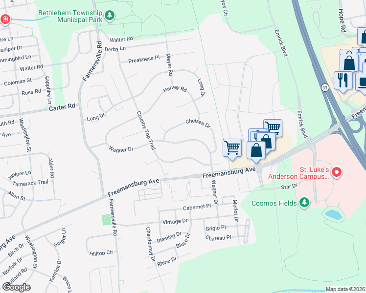 map of restaurants, bars, coffee shops, grocery stores, and more near 5000 Wagner Drive in Bethlehem