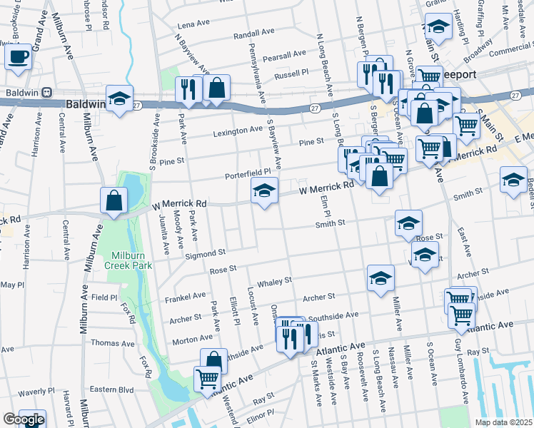 map of restaurants, bars, coffee shops, grocery stores, and more near 325 West Merrick Road in Freeport