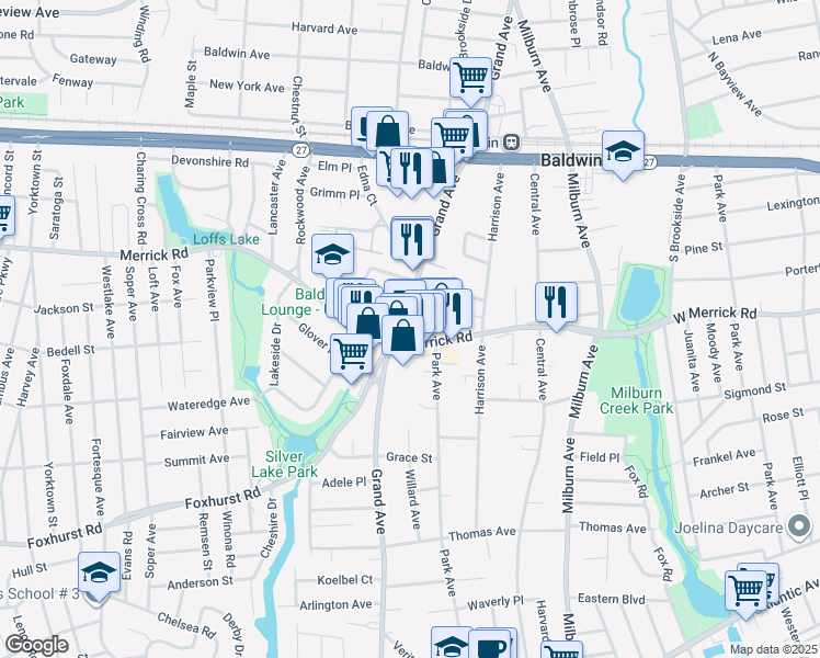 map of restaurants, bars, coffee shops, grocery stores, and more near 843 Merrick Road in Baldwin