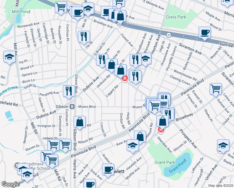 map of restaurants, bars, coffee shops, grocery stores, and more near 32 Gordon Road in Valley Stream