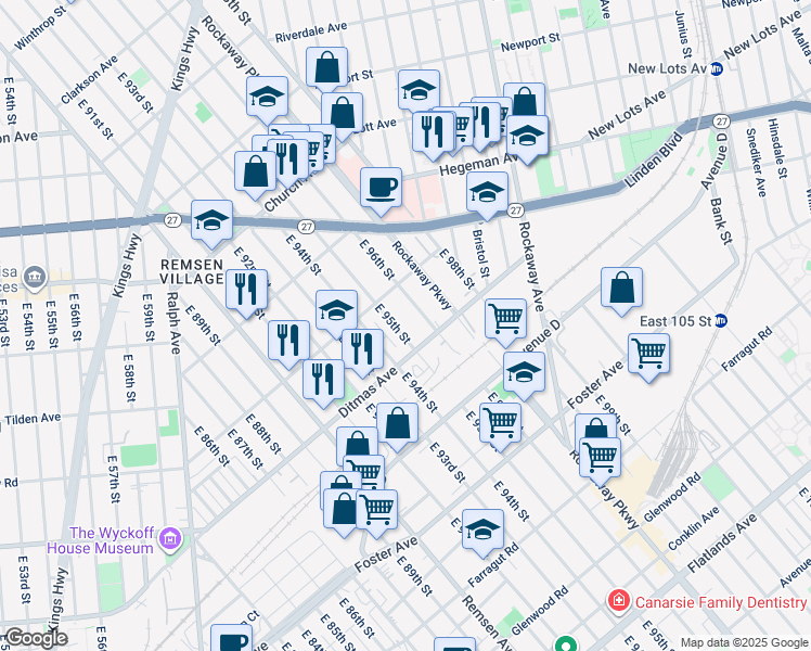 map of restaurants, bars, coffee shops, grocery stores, and more near 718 East 96th Street in Brooklyn