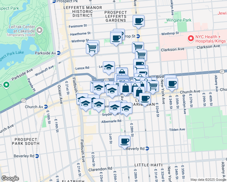 map of restaurants, bars, coffee shops, grocery stores, and more near 801 Rogers Avenue in Brooklyn