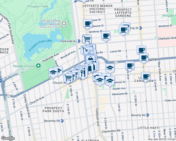 map of restaurants, bars, coffee shops, grocery stores, and more near 100 East 21st Street in Brooklyn