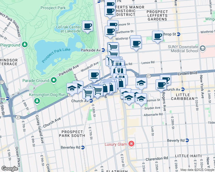 map of restaurants, bars, coffee shops, grocery stores, and more near 100 East 21st Street in Brooklyn