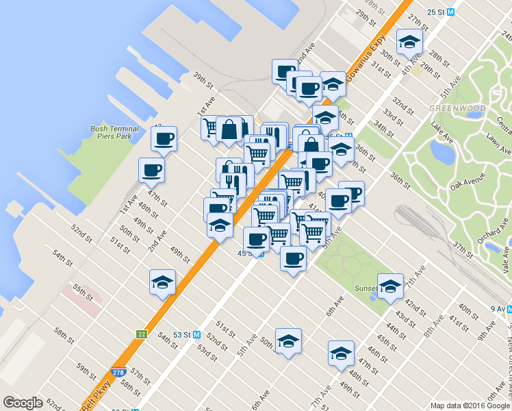 map of restaurants, bars, coffee shops, grocery stores, and more near 4313 3rd Avenue in Brooklyn