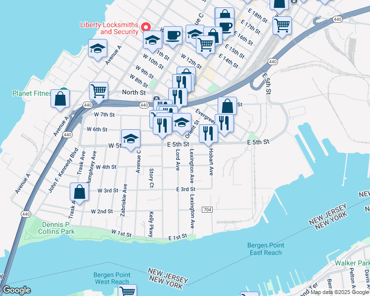 map of restaurants, bars, coffee shops, grocery stores, and more near 5 East 5th Street in Bayonne