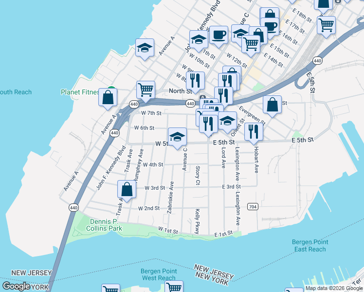 map of restaurants, bars, coffee shops, grocery stores, and more near 156 Avenue C in Bayonne