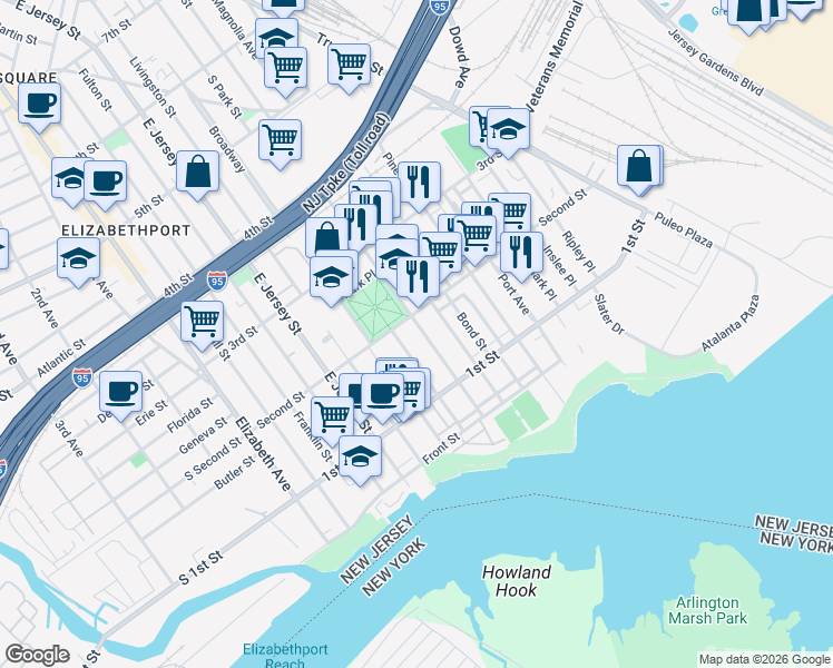 map of restaurants, bars, coffee shops, grocery stores, and more near 148 Magnolia Avenue in Elizabeth