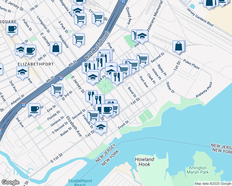 map of restaurants, bars, coffee shops, grocery stores, and more near 155 Second Street in Elizabeth