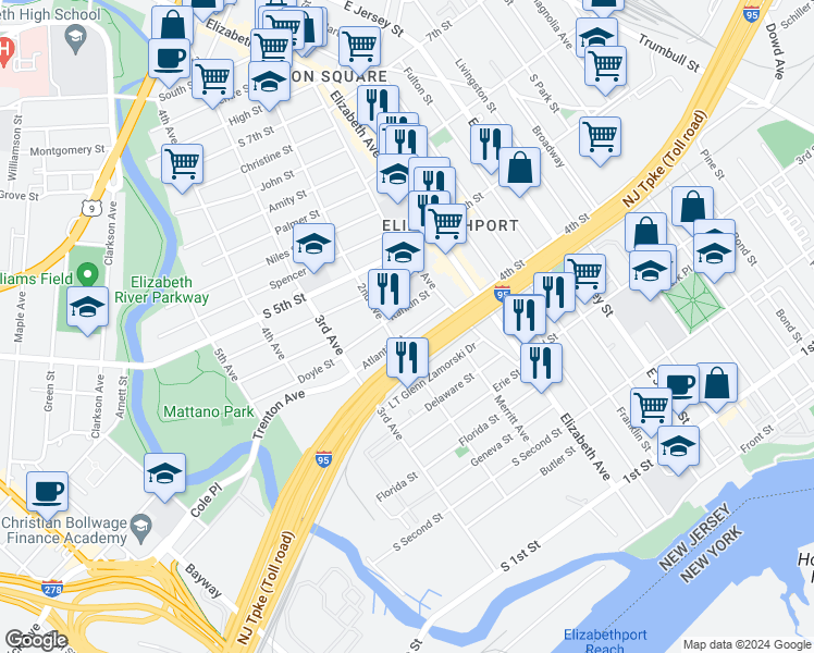 map of restaurants, bars, coffee shops, grocery stores, and more near 28 Rankin Street in Elizabeth