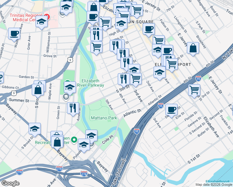 map of restaurants, bars, coffee shops, grocery stores, and more near 400 South 5th Street in Elizabeth