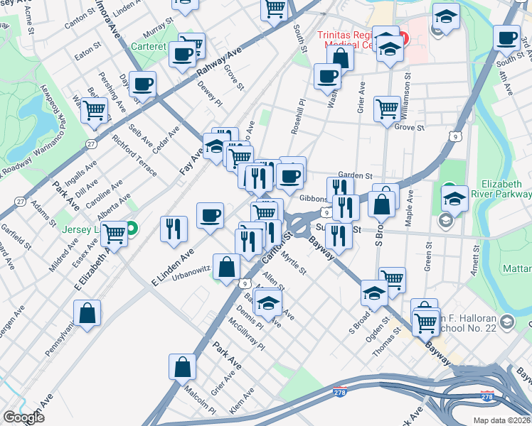 map of restaurants, bars, coffee shops, grocery stores, and more near 936-938 South Elmora Avenue in Elizabeth