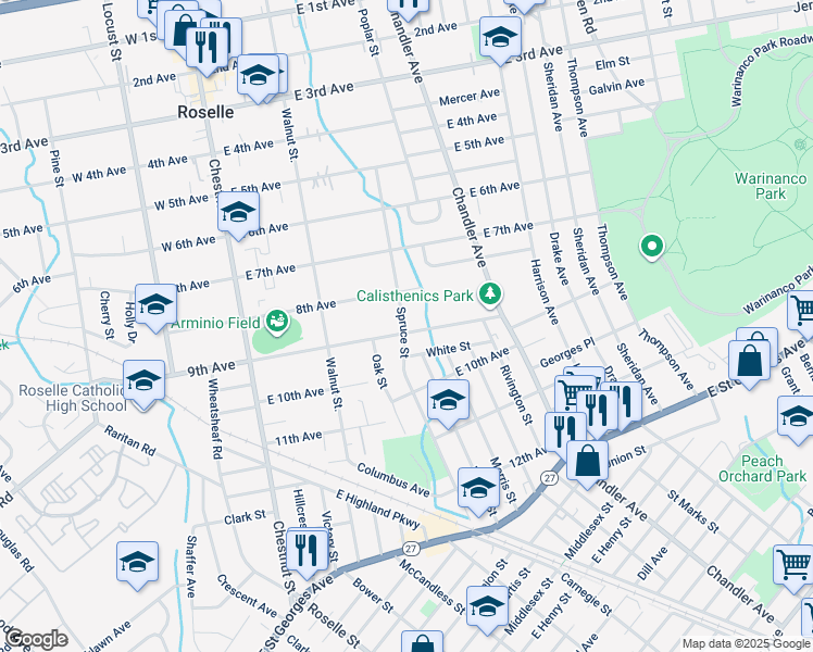 map of restaurants, bars, coffee shops, grocery stores, and more near 375 9th Avenue in Roselle
