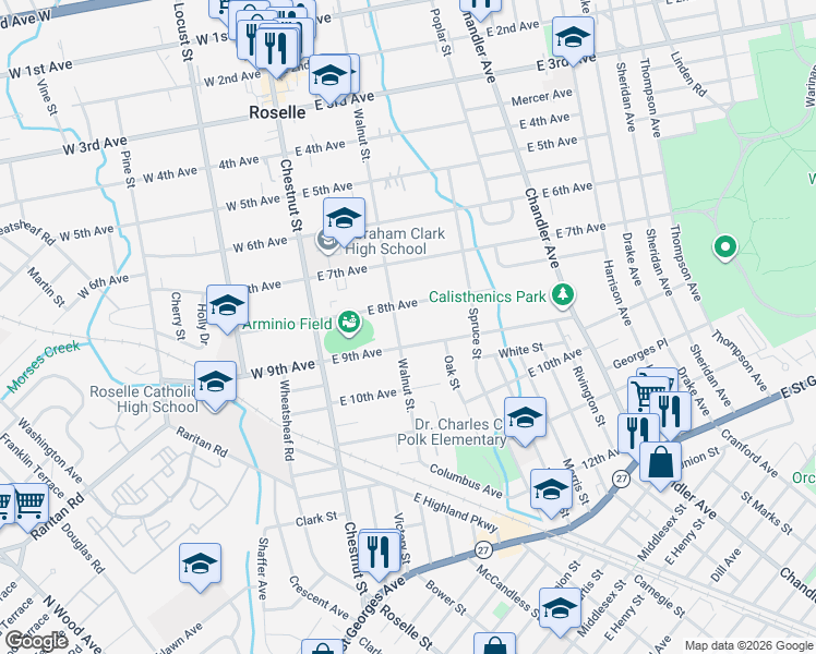 map of restaurants, bars, coffee shops, grocery stores, and more near 214 8th Avenue in Roselle