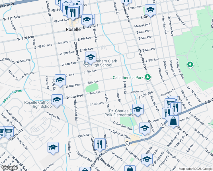 map of restaurants, bars, coffee shops, grocery stores, and more near 214 8th Avenue in Roselle