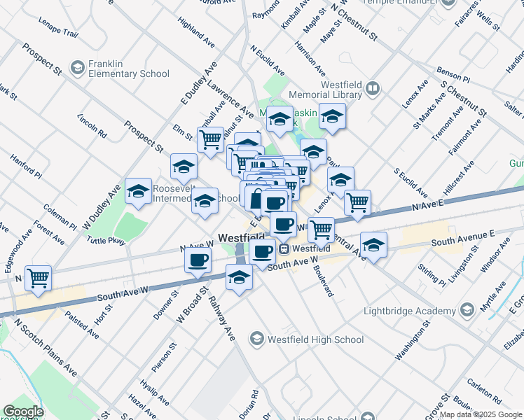 map of restaurants, bars, coffee shops, grocery stores, and more near 143 East Broad Street in Westfield