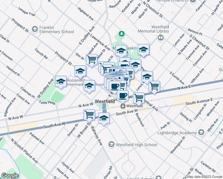 map of restaurants, bars, coffee shops, grocery stores, and more near 143 East Broad Street in Westfield