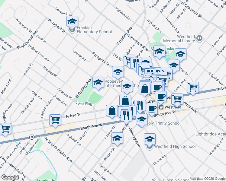 map of restaurants, bars, coffee shops, grocery stores, and more near 201 Tuttle Parkway in Westfield