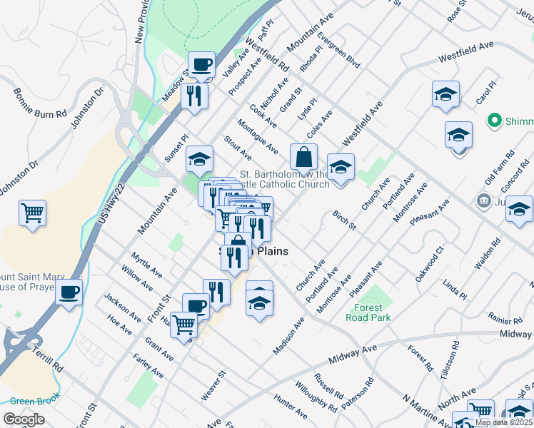 map of restaurants, bars, coffee shops, grocery stores, and more near 426 Union Avenue in Scotch Plains