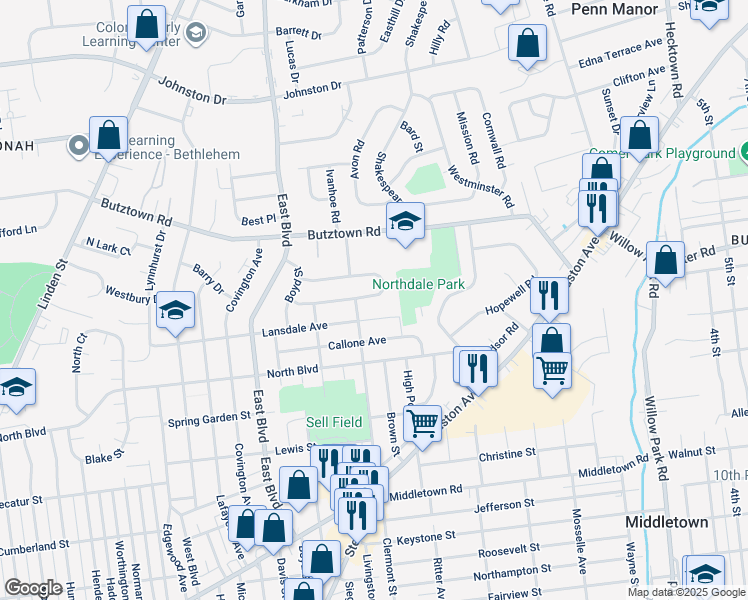 map of restaurants, bars, coffee shops, grocery stores, and more near 1878 Levering Place in Bethlehem