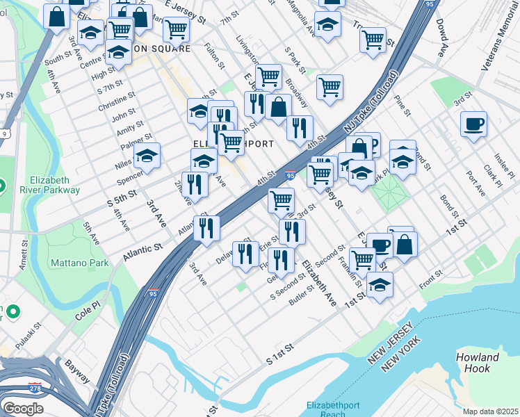map of restaurants, bars, coffee shops, grocery stores, and more near 328 Elizabeth Avenue in Elizabeth