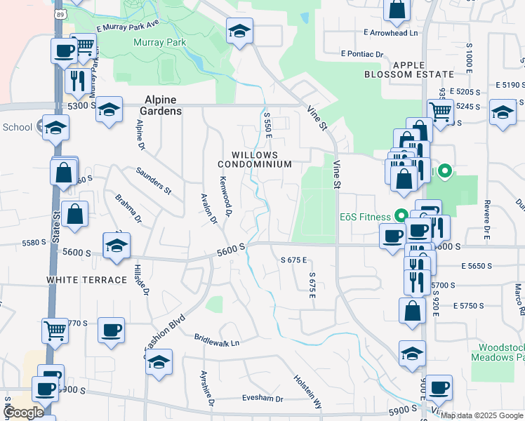 map of restaurants, bars, coffee shops, grocery stores, and more near 5537 Willow Lane in Murray