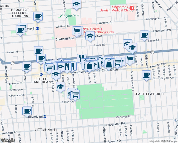 map of restaurants, bars, coffee shops, grocery stores, and more near 250 East 39th Street in Brooklyn