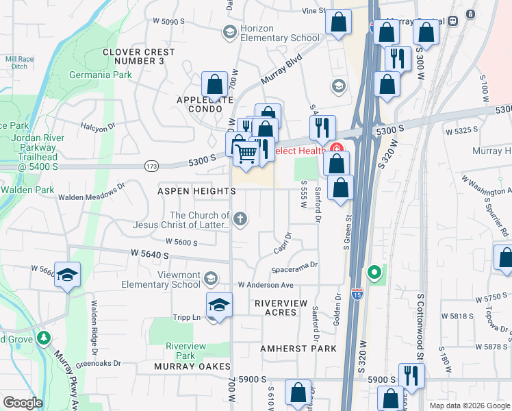 map of restaurants, bars, coffee shops, grocery stores, and more near 5500 South 640 West in Murray