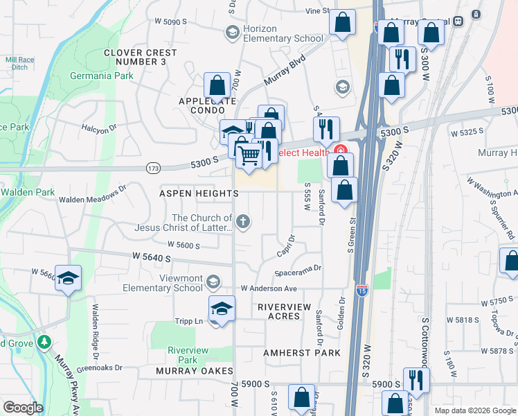 map of restaurants, bars, coffee shops, grocery stores, and more near 5500 South 640 West in Murray