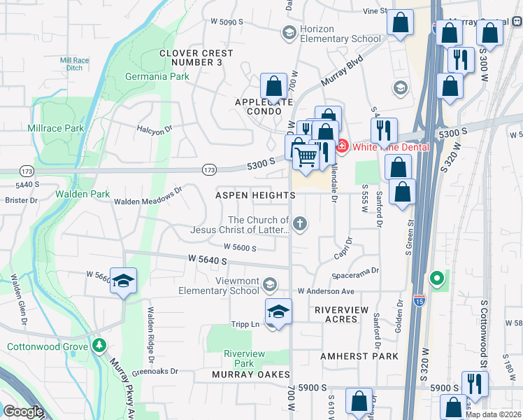 map of restaurants, bars, coffee shops, grocery stores, and more near 757 Aspen Heights Drive in Murray