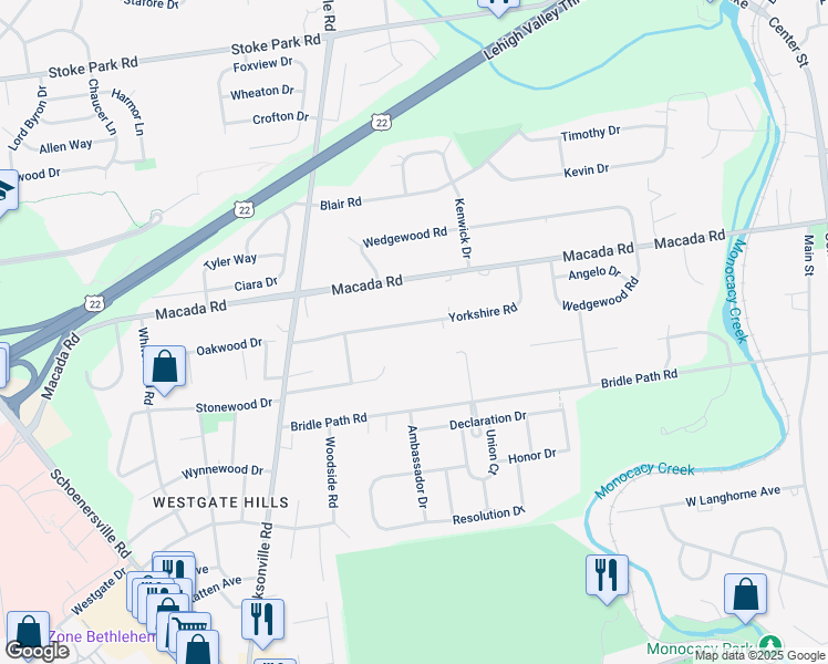map of restaurants, bars, coffee shops, grocery stores, and more near 935 Yorkshire Road in Bethlehem
