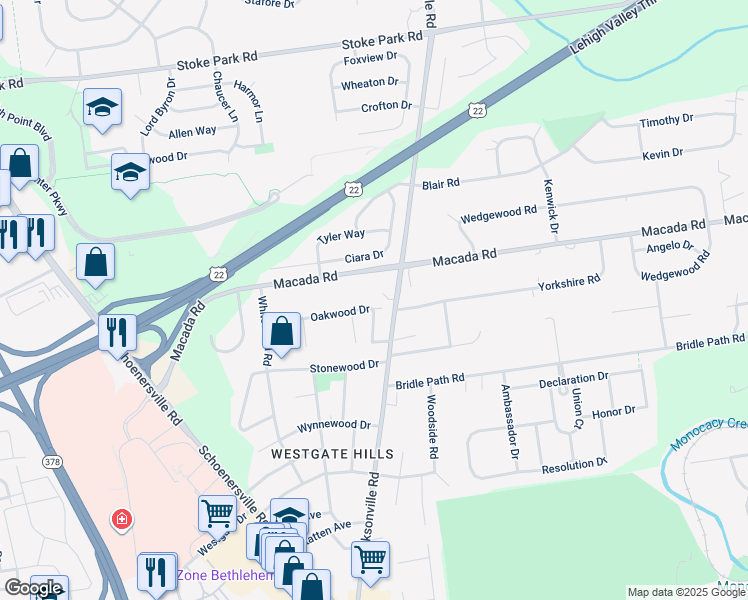 map of restaurants, bars, coffee shops, grocery stores, and more near 1270 Oakwood Drive in Bethlehem