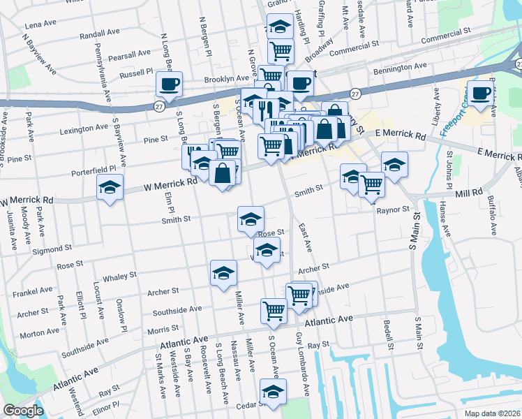 map of restaurants, bars, coffee shops, grocery stores, and more near 160 Smith Street in Freeport