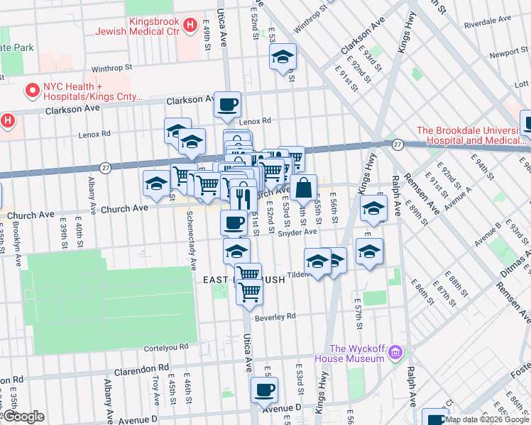 map of restaurants, bars, coffee shops, grocery stores, and more near 415 East 51st Street in Brooklyn