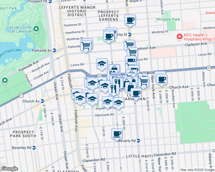 map of restaurants, bars, coffee shops, grocery stores, and more near 801 Rogers Avenue in Brooklyn