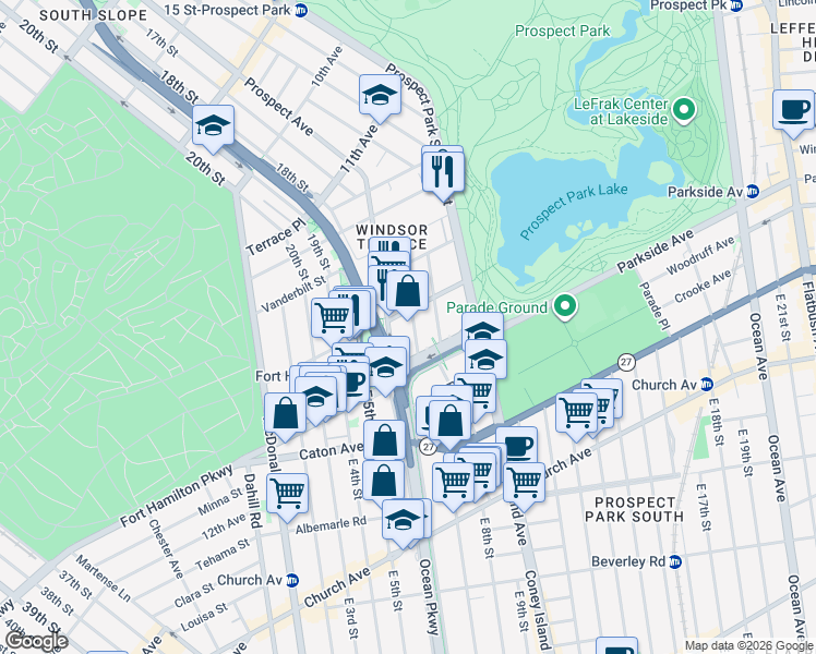 map of restaurants, bars, coffee shops, grocery stores, and more near Fort Hamilton Parkway in Brooklyn