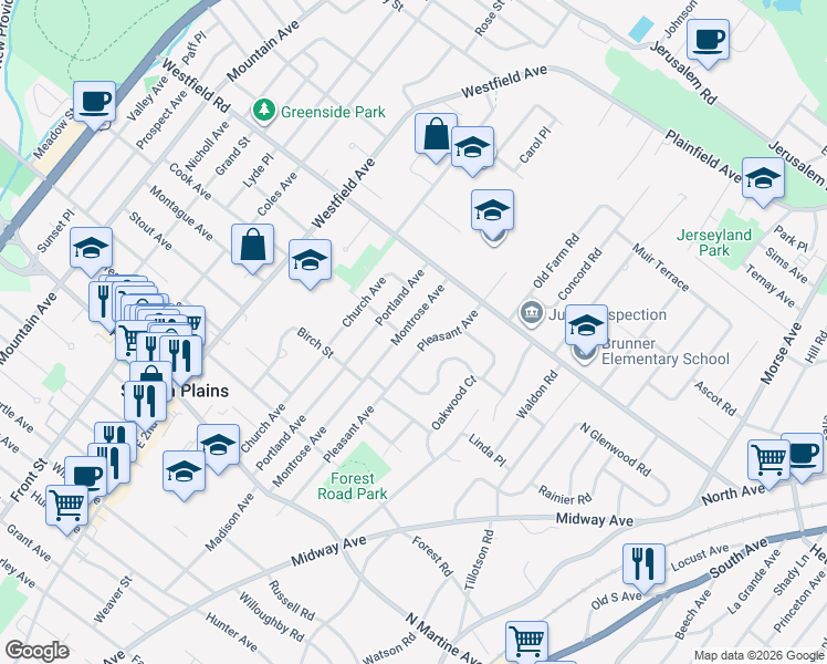 map of restaurants, bars, coffee shops, grocery stores, and more near 77 Montrose Avenue in Fanwood