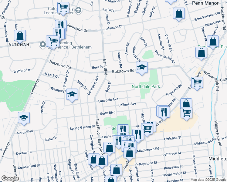 map of restaurants, bars, coffee shops, grocery stores, and more near 1525 Levering Place in Bethlehem