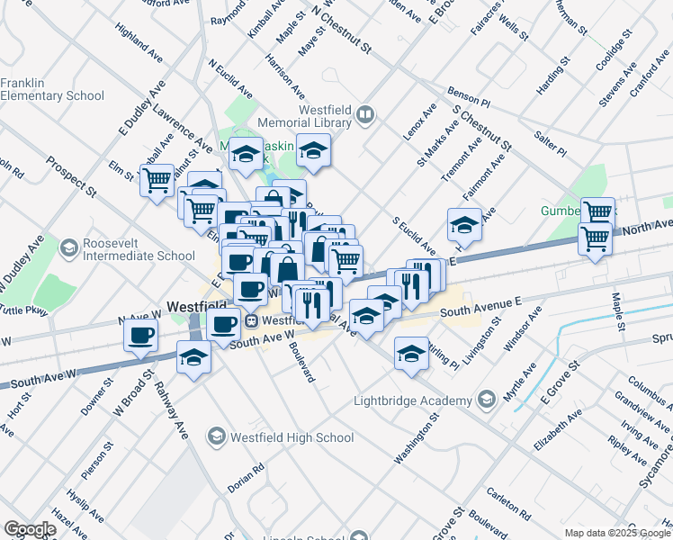 map of restaurants, bars, coffee shops, grocery stores, and more near 238 Saint Paul Street in Westfield