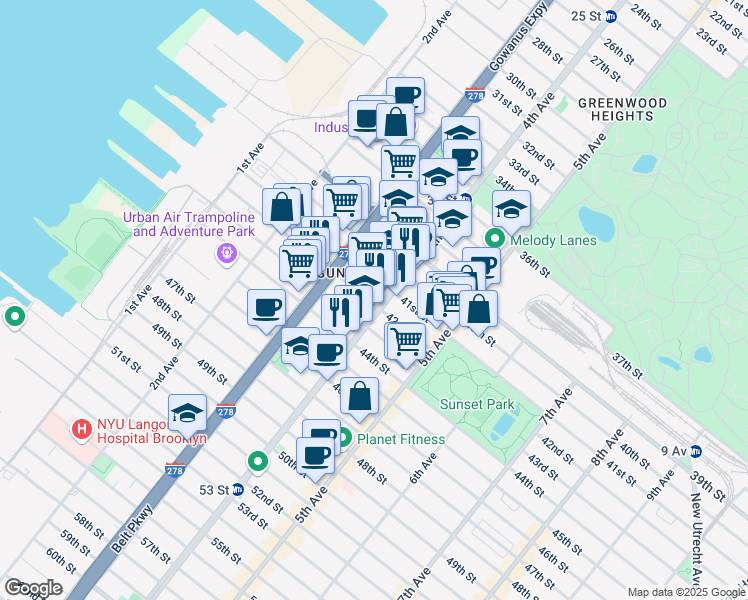 map of restaurants, bars, coffee shops, grocery stores, and more near 375 42nd Street in Brooklyn
