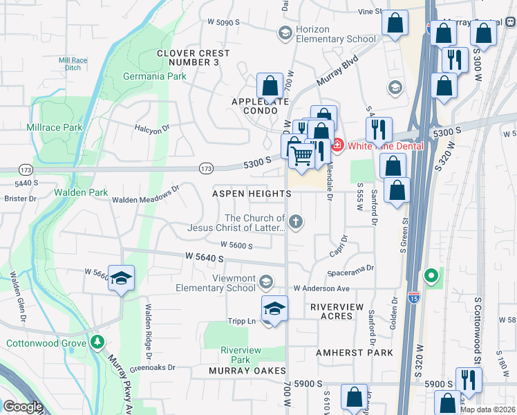 map of restaurants, bars, coffee shops, grocery stores, and more near 757 Aspen Heights Drive in Murray