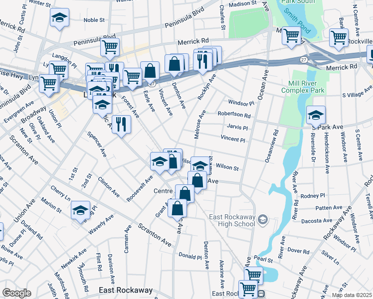 map of restaurants, bars, coffee shops, grocery stores, and more near 19 Garfield Place in East Rockaway